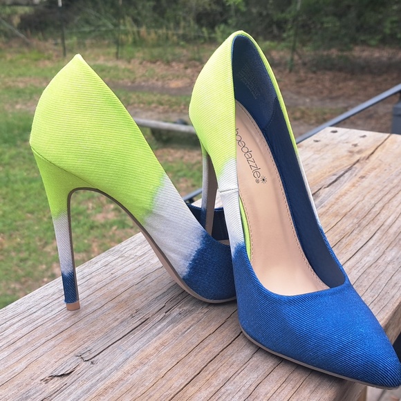 Shoe Dazzle Shoes Showdazzle Denim Tie Dye Heels Size 8 With 5 Inch Heel Blue White Lime